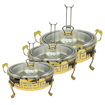 Set of 3 Buffet Serving Dishes with Lid, Stand & Burner-Stainless Steel